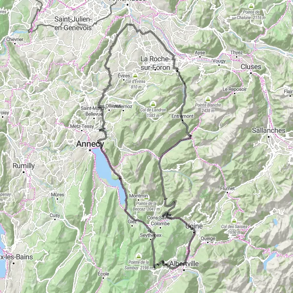 Miniaturní mapa "Kolo kolem Albertville" inspirace pro cyklisty v oblasti Rhône-Alpes, France. Vytvořeno pomocí plánovače tras Tarmacs.app