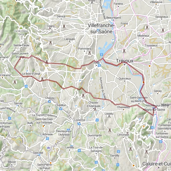 Miniatura della mappa di ispirazione al ciclismo "Giro Gravel intorno ad Albigny-sur-Saône" nella regione di Rhône-Alpes, France. Generata da Tarmacs.app, pianificatore di rotte ciclistiche