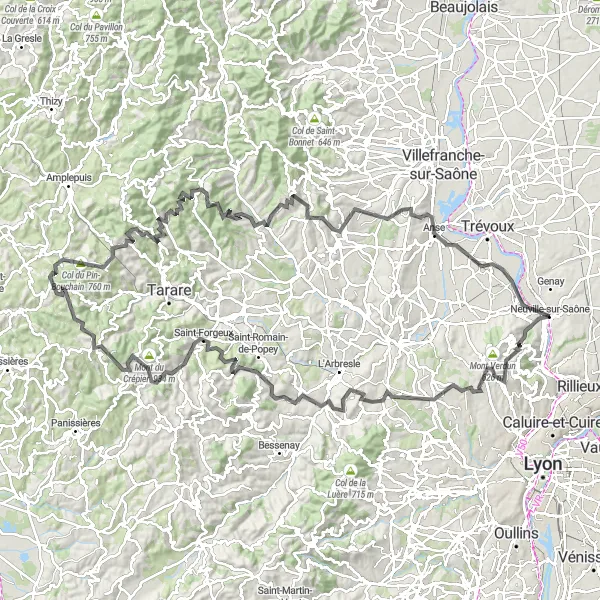 Kartminiatyr av "Oppoverbakkeeventyret fra Albigny-sur-Saône" sykkelinspirasjon i Rhône-Alpes, France. Generert av Tarmacs.app sykkelrutoplanlegger