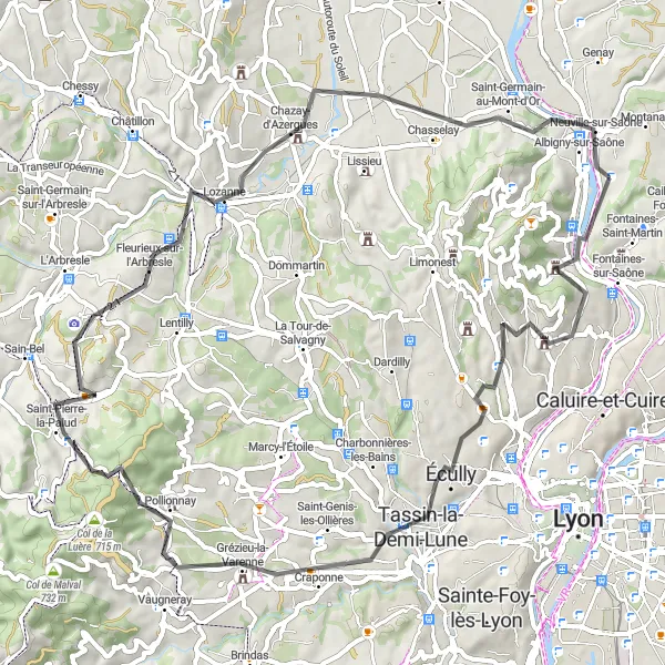Mapa miniatúra "Cestná trasa cez Mont Cindre" cyklistická inšpirácia v Rhône-Alpes, France. Vygenerované cyklistickým plánovačom trás Tarmacs.app