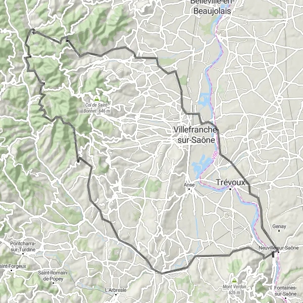 Miniatura della mappa di ispirazione al ciclismo "Scopri i panorami di Vaux-en-Beaujolais" nella regione di Rhône-Alpes, France. Generata da Tarmacs.app, pianificatore di rotte ciclistiche