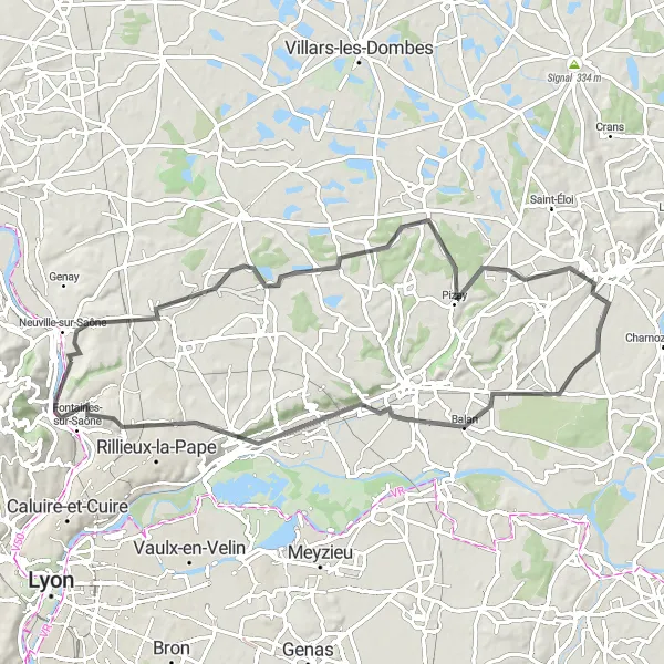 Miniatua del mapa de inspiración ciclista "Ruta de carretera Albigny - Fontaines-Saint-Martin" en Rhône-Alpes, France. Generado por Tarmacs.app planificador de rutas ciclistas