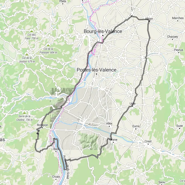 Miniature de la carte de l'inspiration cycliste "Parcours jusqu'à Saint-Marcel-lès-Valence" dans la Rhône-Alpes, France. Générée par le planificateur d'itinéraire cycliste Tarmacs.app