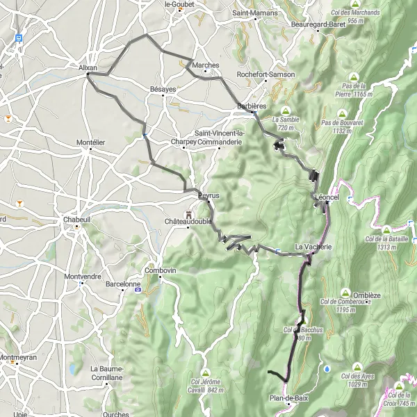 Miniature de la carte de l'inspiration cycliste "Parcours autour d'Alixan et Col de Tourniol" dans la Rhône-Alpes, France. Générée par le planificateur d'itinéraire cycliste Tarmacs.app
