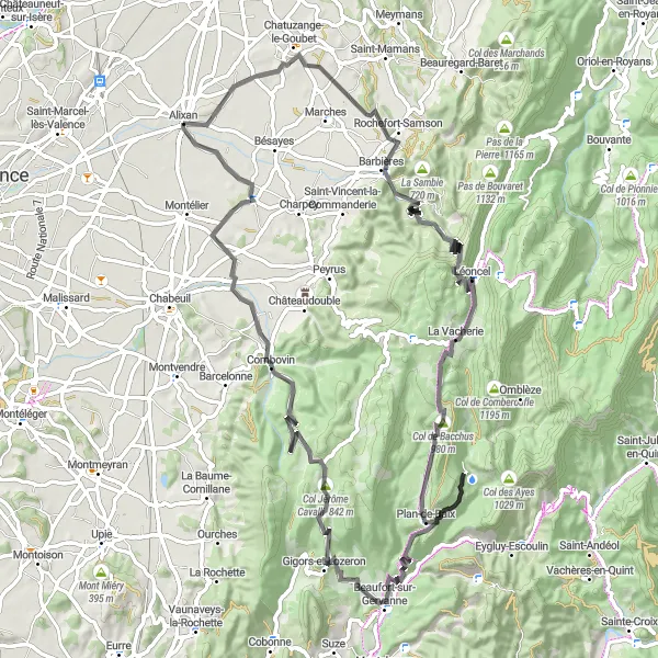 Miniature de la carte de l'inspiration cycliste "Tour panoramique vers Gigors-et-Lozeron" dans la Rhône-Alpes, France. Générée par le planificateur d'itinéraire cycliste Tarmacs.app