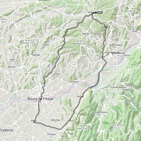 Miniature de la carte de l'inspiration cycliste "Parcours vallonné de Roybon" dans la Rhône-Alpes, France. Générée par le planificateur d'itinéraire cycliste Tarmacs.app