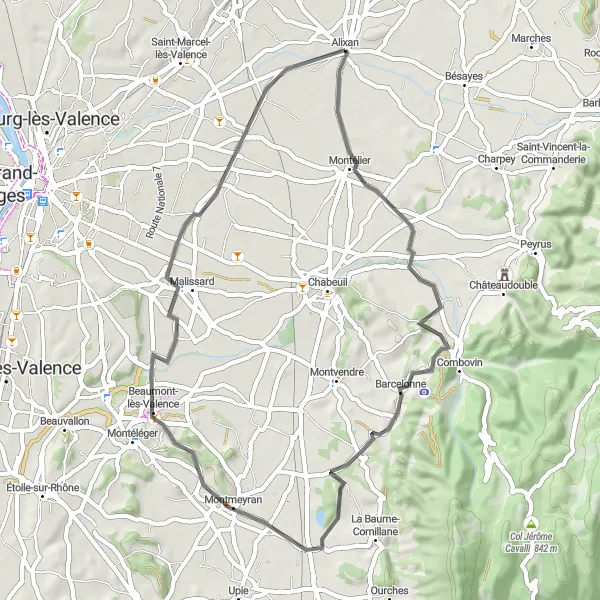 Miniature de la carte de l'inspiration cycliste "Boucle vers Beaumont-lès-Valence" dans la Rhône-Alpes, France. Générée par le planificateur d'itinéraire cycliste Tarmacs.app