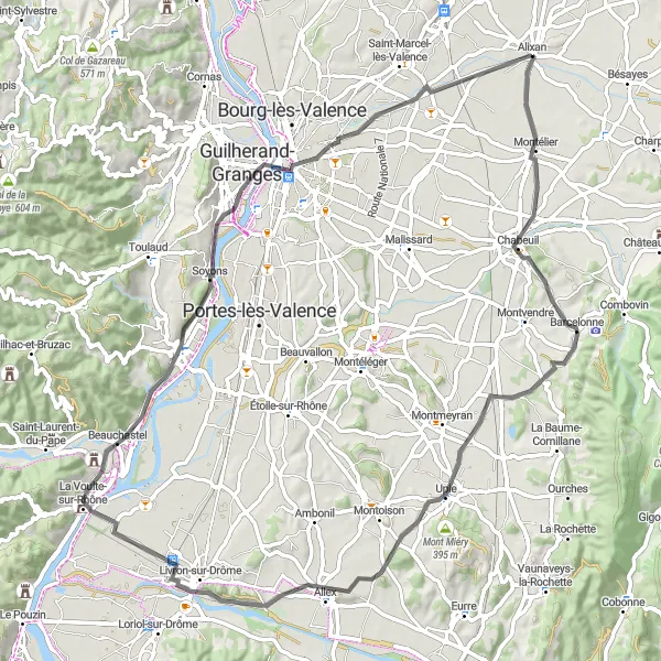 Miniature de la carte de l'inspiration cycliste "Tour à travers Valence et Les Petits Eynards" dans la Rhône-Alpes, France. Générée par le planificateur d'itinéraire cycliste Tarmacs.app