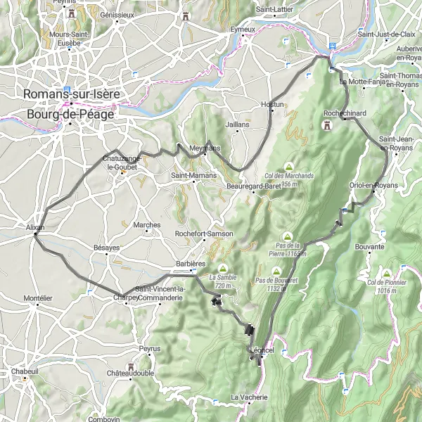 Miniature de la carte de l'inspiration cycliste "Boucle montagneuse de Rochechinard" dans la Rhône-Alpes, France. Générée par le planificateur d'itinéraire cycliste Tarmacs.app