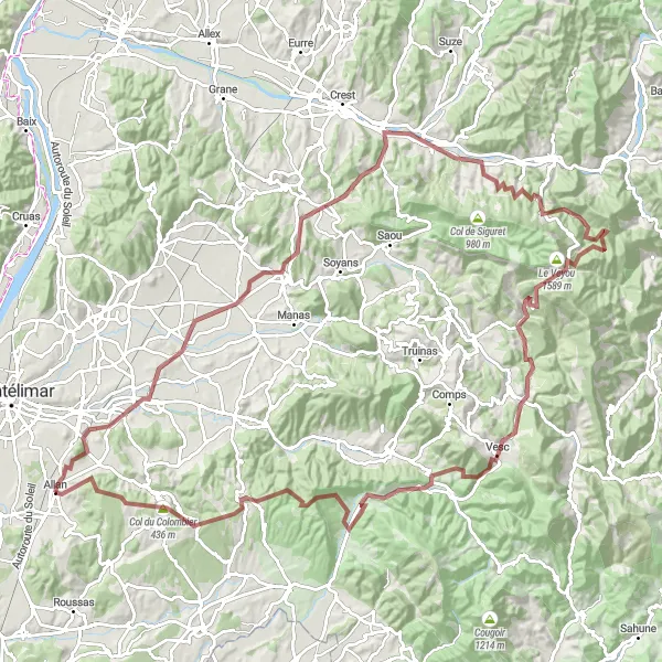 Miniaturní mapa "Gravel - Allan to Col du Colombier Loop" inspirace pro cyklisty v oblasti Rhône-Alpes, France. Vytvořeno pomocí plánovače tras Tarmacs.app