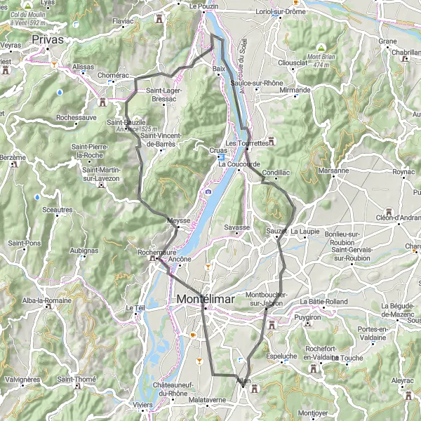 Miniaturní mapa "Okružní cyklistická trasa kolem Allan" inspirace pro cyklisty v oblasti Rhône-Alpes, France. Vytvořeno pomocí plánovače tras Tarmacs.app