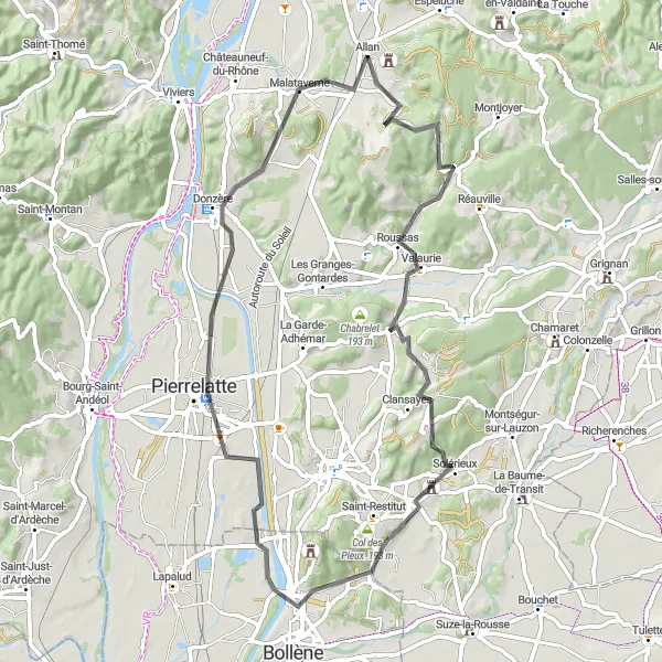 Karten-Miniaturansicht der Radinspiration "Rundtour durch Roussas und Pierrelatte" in Rhône-Alpes, France. Erstellt vom Tarmacs.app-Routenplaner für Radtouren