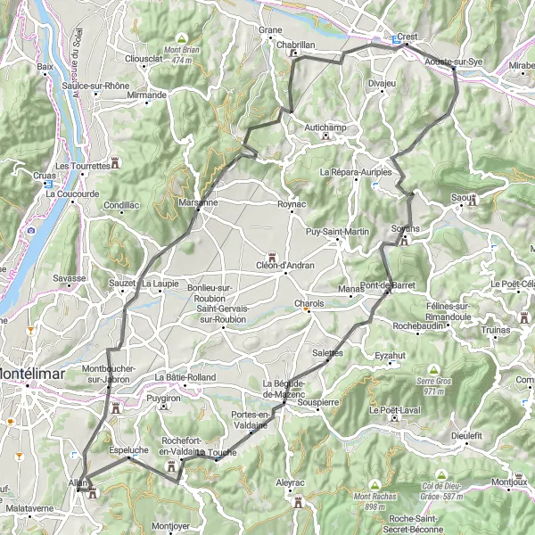 Miniatura mapy "Trasa Allan - Montboucher-sur-Jabron - Marsanne - Crest - Pont-de-Barret - Espeluche" - trasy rowerowej w Rhône-Alpes, France. Wygenerowane przez planer tras rowerowych Tarmacs.app