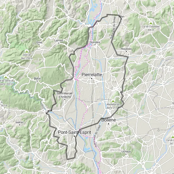 Map miniature of "Valaurie and Saint-Restitut Loop" cycling inspiration in Rhône-Alpes, France. Generated by Tarmacs.app cycling route planner