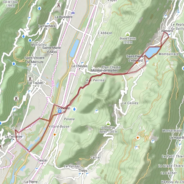 Mapa miniatúra "Gravel cyklistická trasa kolem Allevard" cyklistická inšpirácia v Rhône-Alpes, France. Vygenerované cyklistickým plánovačom trás Tarmacs.app