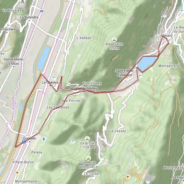 Map miniature of "Exploring Allevard Gravel Trails" cycling inspiration in Rhône-Alpes, France. Generated by Tarmacs.app cycling route planner