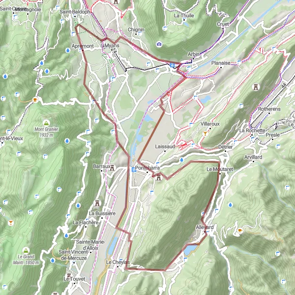 Mapa miniatúra "Gravel cyklistická trasa okolo Allevard" cyklistická inšpirácia v Rhône-Alpes, France. Vygenerované cyklistickým plánovačom trás Tarmacs.app