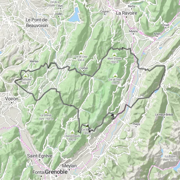 Karttaminiaatyyri "Vuoristorata yli Saint-Pierre-du-Chartreuse" pyöräilyinspiraatiosta alueella Rhône-Alpes, France. Luotu Tarmacs.app pyöräilyreittisuunnittelijalla
