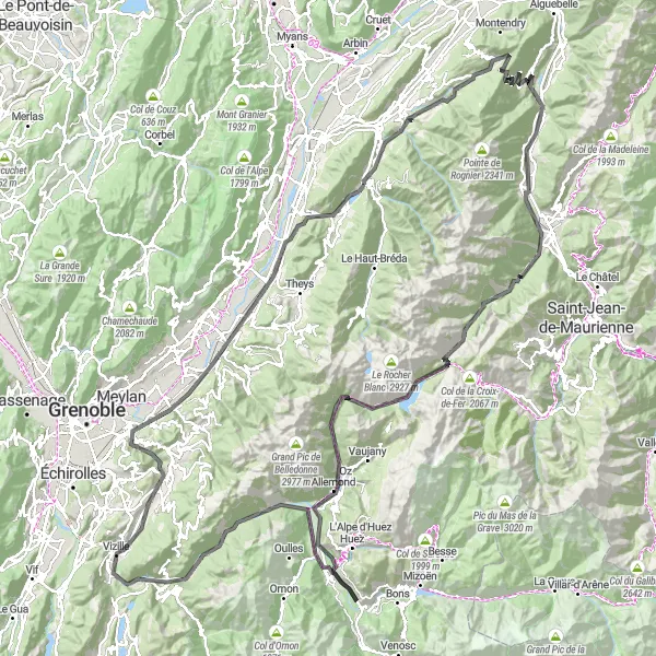 Map miniature of "Allevard Grand Tour" cycling inspiration in Rhône-Alpes, France. Generated by Tarmacs.app cycling route planner