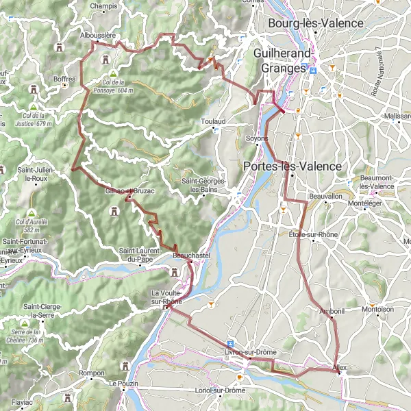 Miniature de la carte de l'inspiration cycliste "Boucle gravel à travers les Monts d'Ardèche" dans la Rhône-Alpes, France. Générée par le planificateur d'itinéraire cycliste Tarmacs.app