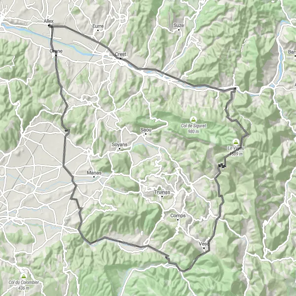 Map miniature of "Aouste-sur-Sye Adventure" cycling inspiration in Rhône-Alpes, France. Generated by Tarmacs.app cycling route planner