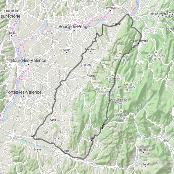 Map miniature of "Crest and Royans Loop" cycling inspiration in Rhône-Alpes, France. Generated by Tarmacs.app cycling route planner