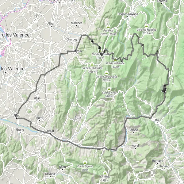 Miniatua del mapa de inspiración ciclista "Desafío de Montaña de Montvendre a Crest" en Rhône-Alpes, France. Generado por Tarmacs.app planificador de rutas ciclistas