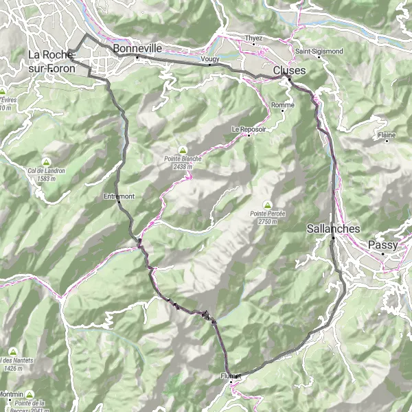 Miniaturekort af cykelinspirationen "Panoramic Route through the Aravis Mountains" i Rhône-Alpes, France. Genereret af Tarmacs.app cykelruteplanlægger