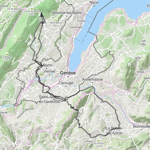 Map miniature of "La Roche-sur-Foron La Croisette Le Signal Aire-la-Ville Saint-Genis-Pouilly Gex Satigny Sézenove Petit Salève Amancy" cycling inspiration in Rhône-Alpes, France. Generated by Tarmacs.app cycling route planner