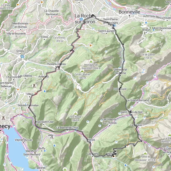 Map miniature of "Château d'Arcine Col de St Jean de Sixt La Clusaz Manigod Belvédère de l'Arpettaz Plan de Bacon Aviernoz La Roche-sur-Foron" cycling inspiration in Rhône-Alpes, France. Generated by Tarmacs.app cycling route planner