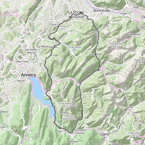 Zemljevid v pomanjšavi "Kolesarjenje skozi slikovite vasi Rhône-Alpes" kolesarske inspiracije v Rhône-Alpes, France. Generirano z načrtovalcem kolesarskih poti Tarmacs.app