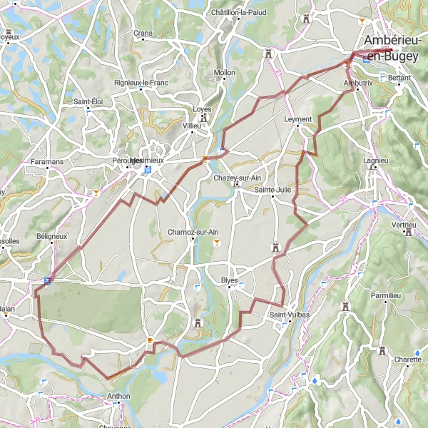 Miniatua del mapa de inspiración ciclista "Exploración en gravilla por Saint-Vulbas y Rapan" en Rhône-Alpes, France. Generado por Tarmacs.app planificador de rutas ciclistas