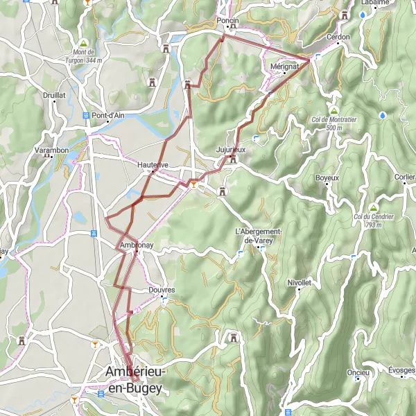 Miniatua del mapa de inspiración ciclista "Ruta de Grava por Ambronay y Poncin" en Rhône-Alpes, France. Generado por Tarmacs.app planificador de rutas ciclistas