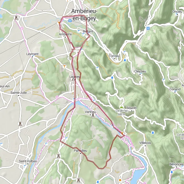 Zemljevid v pomanjšavi "Gozdna avantura v okolici Ambérieu-en-Bugey" kolesarske inspiracije v Rhône-Alpes, France. Generirano z načrtovalcem kolesarskih poti Tarmacs.app