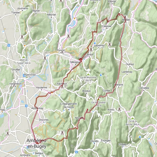 Zemljevid v pomanjšavi "Zahtevna gravel kolesarska tura z razgledi" kolesarske inspiracije v Rhône-Alpes, France. Generirano z načrtovalcem kolesarskih poti Tarmacs.app