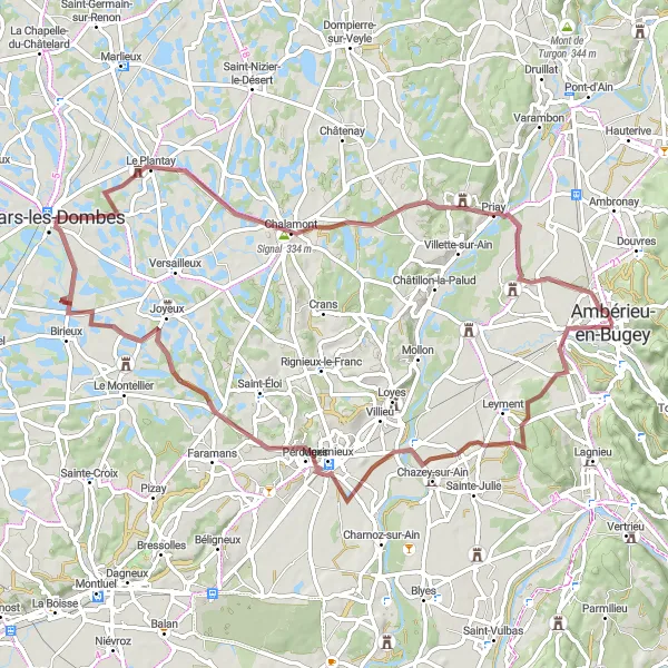 Miniatua del mapa de inspiración ciclista "Ruta de Grava de Ambérieu-en-Bugey" en Rhône-Alpes, France. Generado por Tarmacs.app planificador de rutas ciclistas