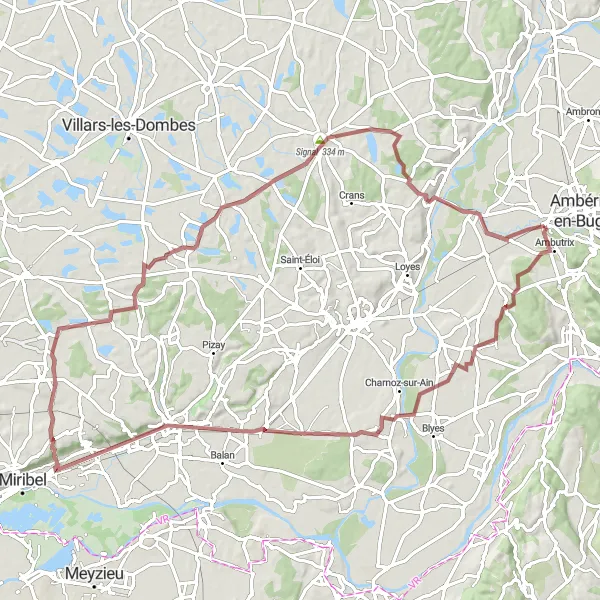Mapa miniatúra "Gravel - Vue sur la plaine de l'Ain, Ambutrix, Sainte-Julie, Panorama St Barthélémy, La Boisse, Tramoyes, Signal, Chalamont, Châtillon-la-Palud Circuit" cyklistická inšpirácia v Rhône-Alpes, France. Vygenerované cyklistickým plánovačom trás Tarmacs.app