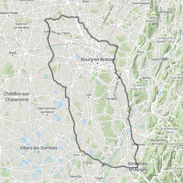 Miniatua del mapa de inspiración ciclista "Exploración cultural y rural en bicicleta por los alrededores de Ambérieu-en-Bugey" en Rhône-Alpes, France. Generado por Tarmacs.app planificador de rutas ciclistas