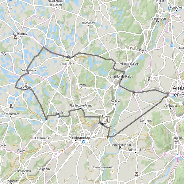 Miniatua del mapa de inspiración ciclista "Ruta panorámica por Villieu y Chalamont" en Rhône-Alpes, France. Generado por Tarmacs.app planificador de rutas ciclistas
