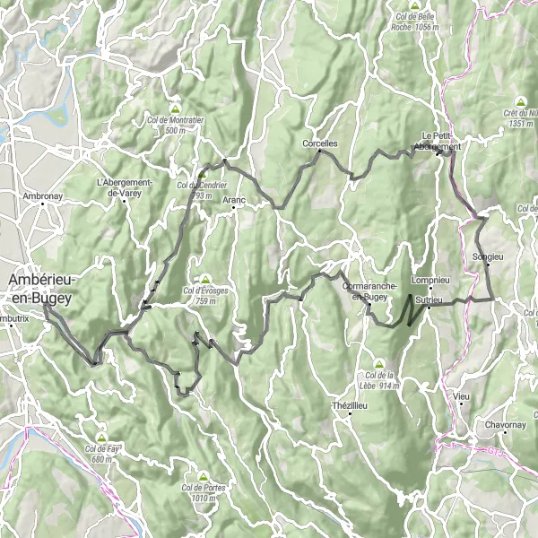 Kartminiatyr av "Utfordrende fjellrute i Bugey" sykkelinspirasjon i Rhône-Alpes, France. Generert av Tarmacs.app sykkelrutoplanlegger