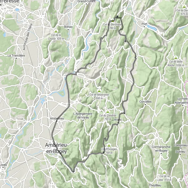 Miniatuurkaart van de fietsinspiratie "Uitdagende road route met bergbeklimmingen" in Rhône-Alpes, France. Gemaakt door de Tarmacs.app fietsrouteplanner