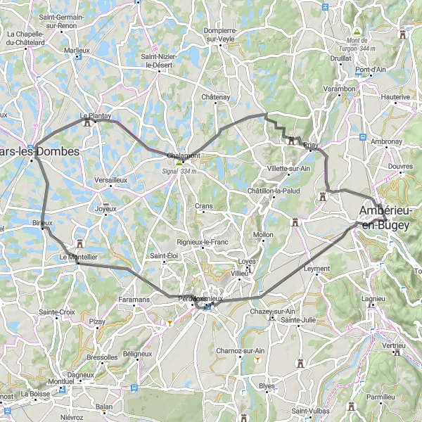 Zemljevid v pomanjšavi "Raznolika cestna pot v okolici Ambérieu-en-Bugey" kolesarske inspiracije v Rhône-Alpes, France. Generirano z načrtovalcem kolesarskih poti Tarmacs.app