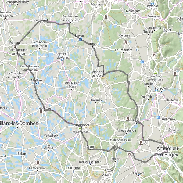 Map miniature of "Ambérieu-en-Bugey to Saint-Denis-en-Bugey Loop" cycling inspiration in Rhône-Alpes, France. Generated by Tarmacs.app cycling route planner