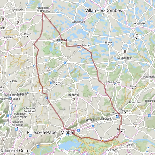 Miniatua del mapa de inspiración ciclista "Ruta de Grava por Ambérieux-en-Dombes" en Rhône-Alpes, France. Generado por Tarmacs.app planificador de rutas ciclistas