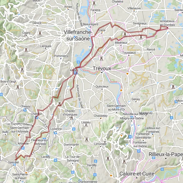 Miniaturní mapa "Výlet okolo Ambérieux-en-Dombes" inspirace pro cyklisty v oblasti Rhône-Alpes, France. Vytvořeno pomocí plánovače tras Tarmacs.app