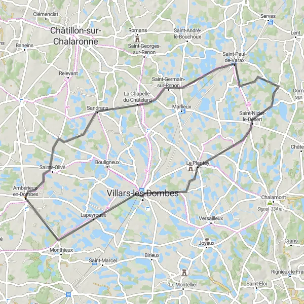 Map miniature of "The Dombes Loop" cycling inspiration in Rhône-Alpes, France. Generated by Tarmacs.app cycling route planner