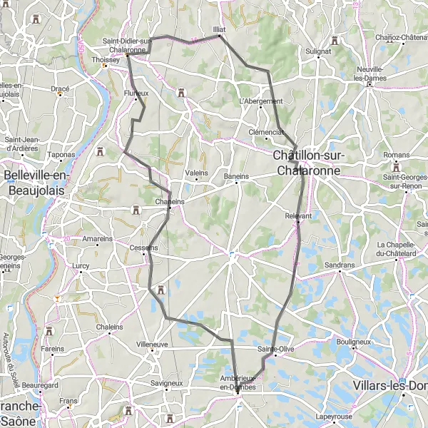 Map miniature of "Charming Villages of Chalaronne" cycling inspiration in Rhône-Alpes, France. Generated by Tarmacs.app cycling route planner