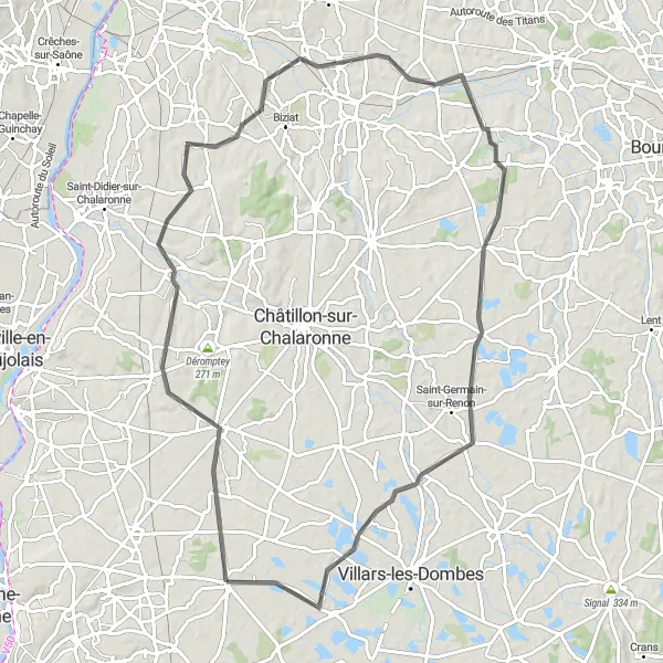 Miniatua del mapa de inspiración ciclista "Ruta escénica de 85 km en carretera desde Ambérieux-en-Dombes" en Rhône-Alpes, France. Generado por Tarmacs.app planificador de rutas ciclistas