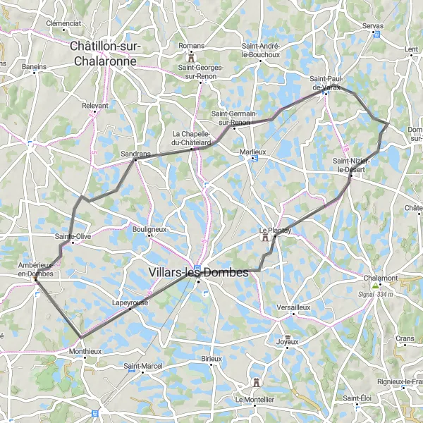 Zemljevid v pomanjšavi "Okrog Ambérieux-en-Dombes" kolesarske inspiracije v Rhône-Alpes, France. Generirano z načrtovalcem kolesarskih poti Tarmacs.app