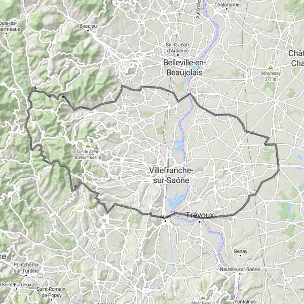 Miniatua del mapa de inspiración ciclista "Ruta desafiante de 105 km en carretera desde Ambérieux-en-Dombes" en Rhône-Alpes, France. Generado por Tarmacs.app planificador de rutas ciclistas